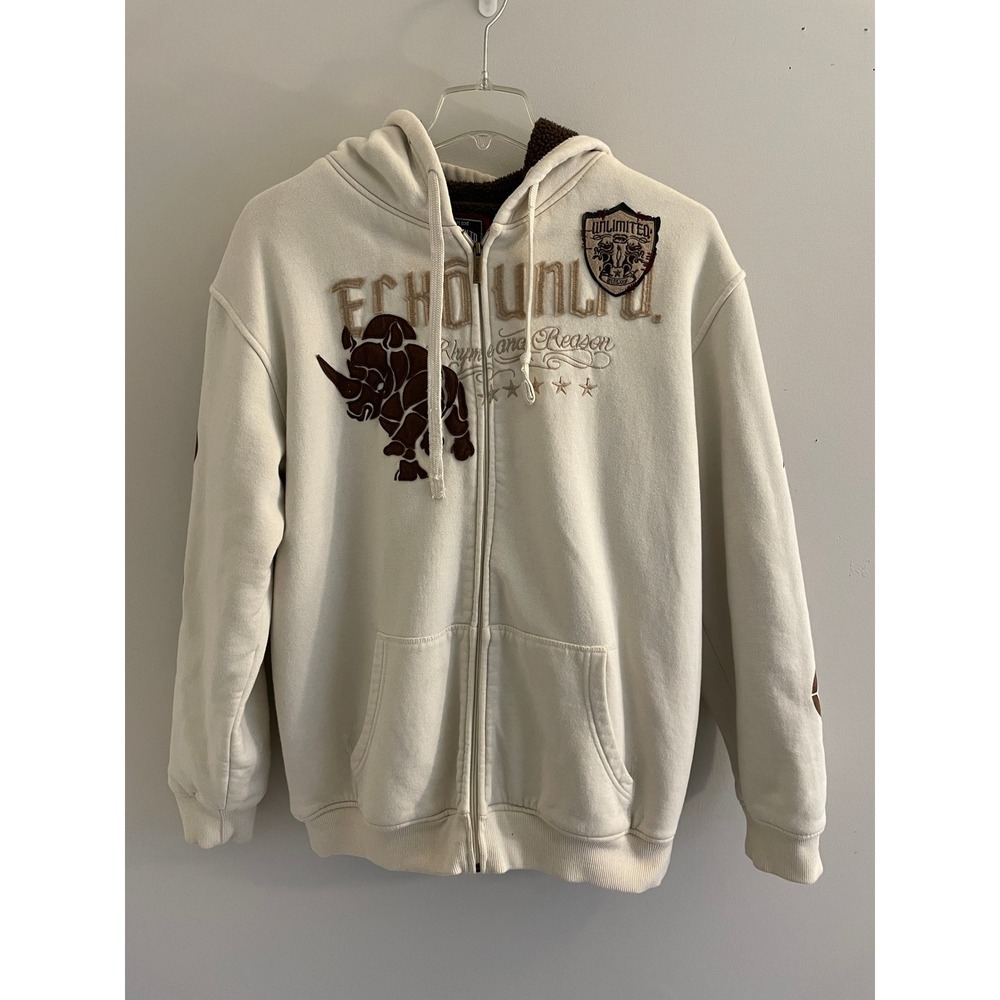 Vintage Ecko Unltd Mens XL Sherpa Lined Zip Up Hoodie Cream Rhino Graphic Y2K